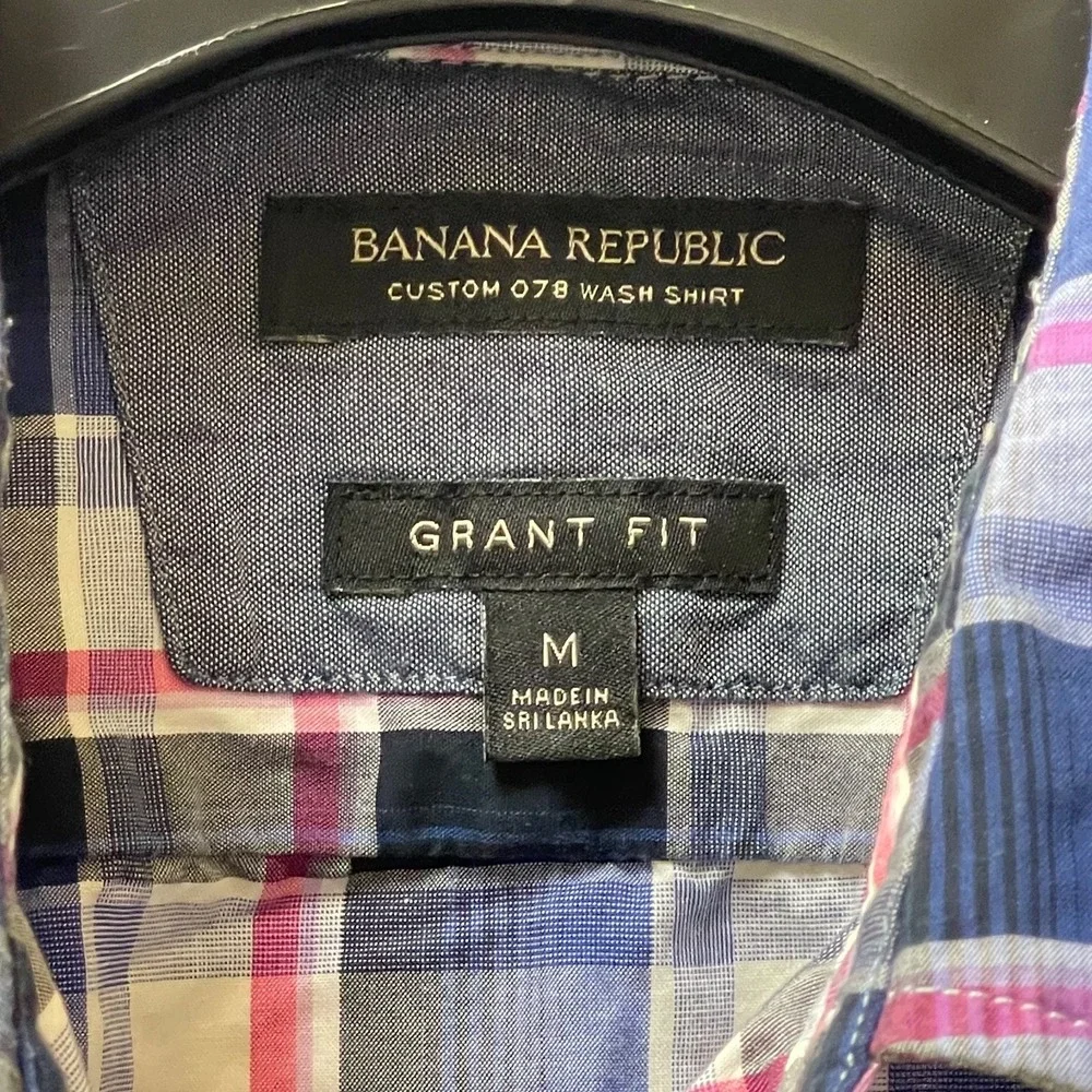 Banana Republic Men's M Grant‎ Fit Shirt Navy Pink Blue Plaid Oxford EUC